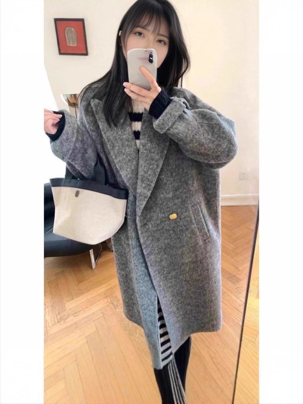 Palton de damă din lână cu amestec de cașmir, lung, guler stil sacou, închidere cu două nasturi, țesătură groasă