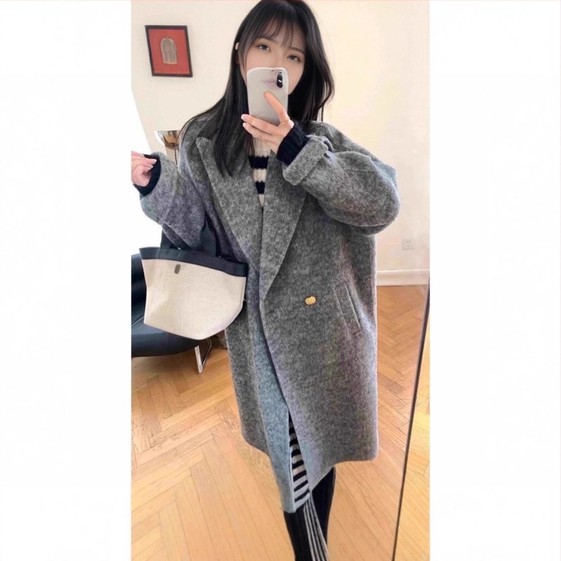 Palton de damă din lână cu amestec de cașmir, lung, guler stil sacou, închidere cu două nasturi, țesătură groasă