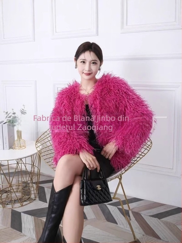 Palton de blană sintetică pentru femei – stil cardigan scurt, mâneci lungi, guler rotund, stil tânăr dulce