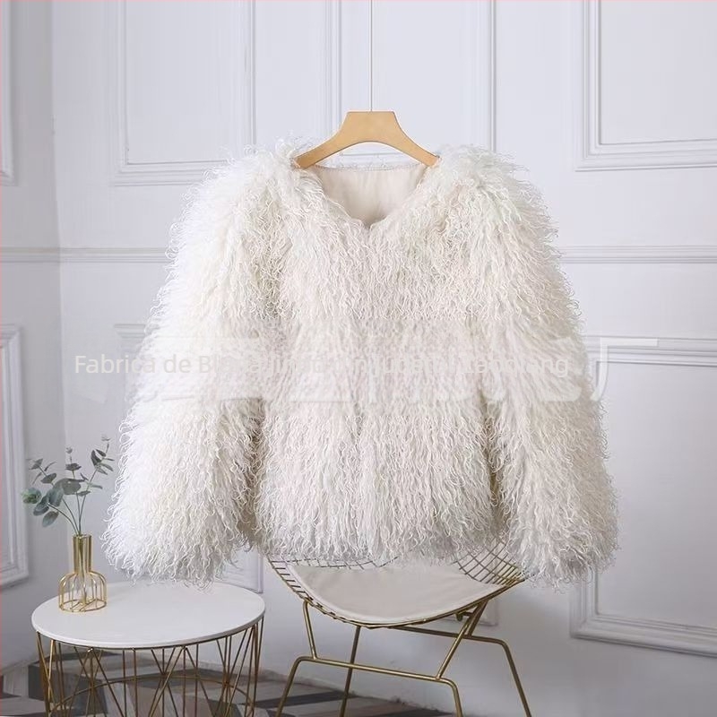 Palton de blană sintetică pentru femei – stil cardigan scurt, mâneci lungi, guler rotund, stil tânăr dulce