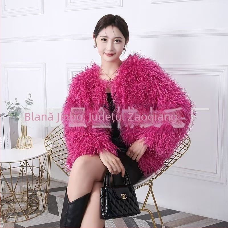 Palton de blană sintetică pentru femei – stil cardigan scurt, mâneci lungi, guler rotund, stil tânăr dulce