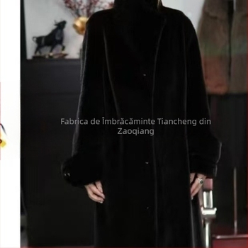 Paltoană damă din blană artificială, lung, croială Slim, guler în V, mâneci lungi