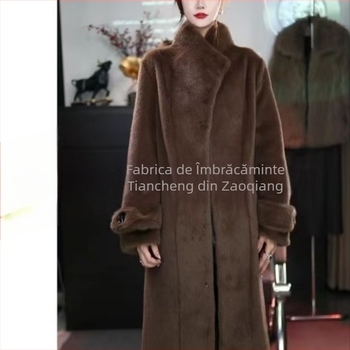 Paltoană damă din blană artificială, lung, croială Slim, guler în V, mâneci lungi