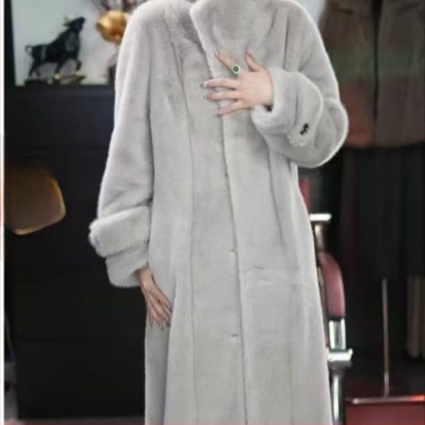 Paltoană damă din blană artificială, lung, croială Slim, guler în V, mâneci lungi