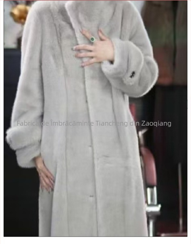 Paltoană damă din blană artificială, lung, croială Slim, guler în V, mâneci lungi