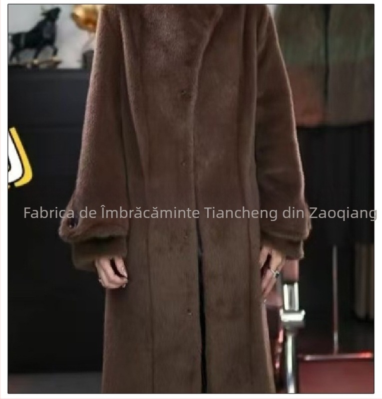 Paltoană damă din blană artificială, lung, croială Slim, guler în V, mâneci lungi