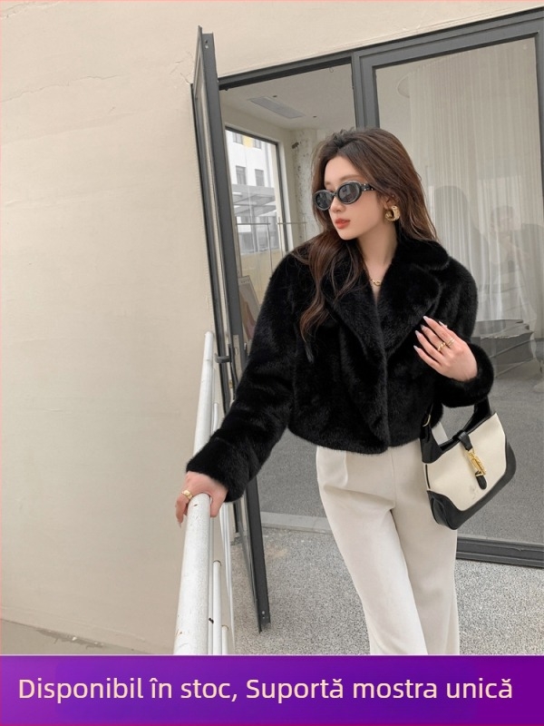 Palton feminin din blană artificială Chevina, guler în stil costum, mâneci lungi, stil street hipster, iarnă 2025