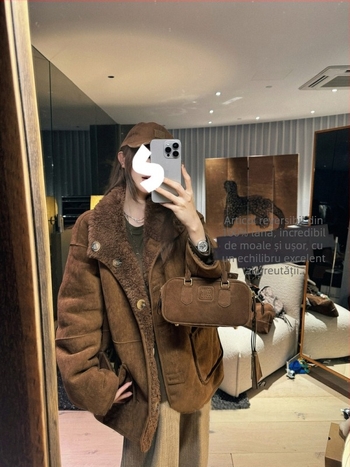 Palton reversibil de blană pentru femei – lână 95%+, guler înalt, mâneci lungi, lungime medie