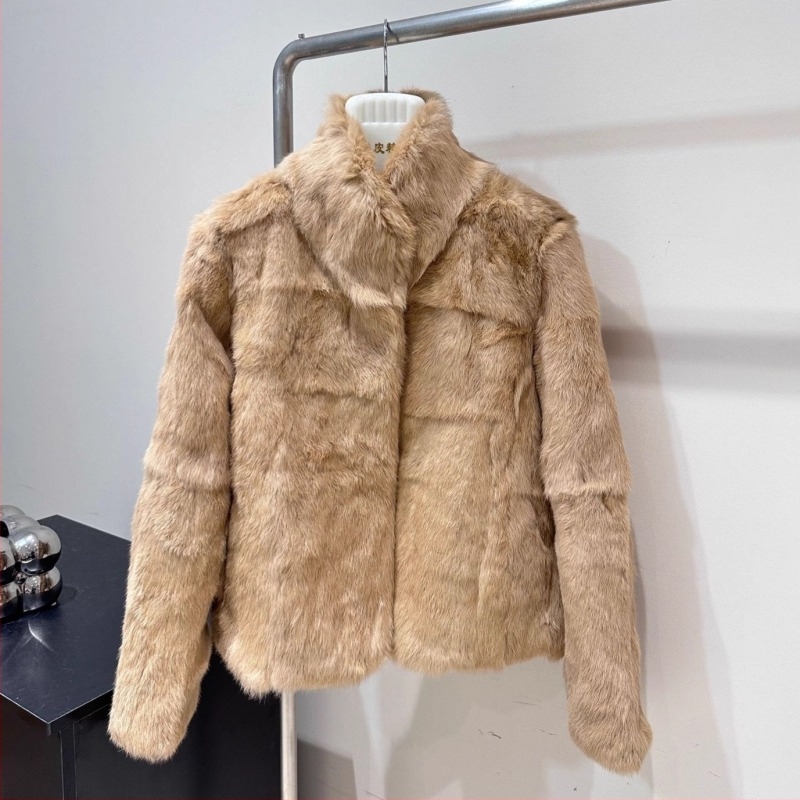 Palton din blană de iepure, blană reală, stil minimalist coreean pentru femei, guler înalt, iarna 2025