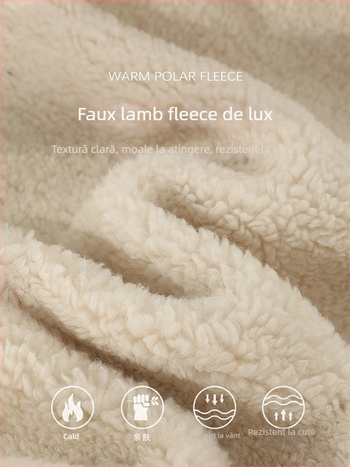 Jachetă matlasată cu blană de miel, cu glugă, croială lejeră, lungime medie, poliester