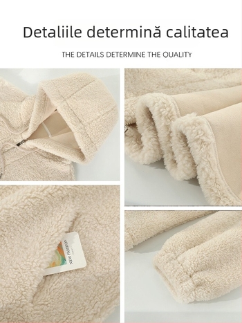 Jachetă matlasată cu blană de miel, cu glugă, croială lejeră, lungime medie, poliester