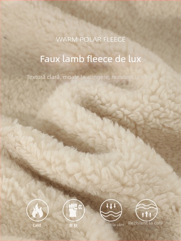 Jachetă matlasată cu blană de miel, cu glugă, croială lejeră, lungime medie, poliester