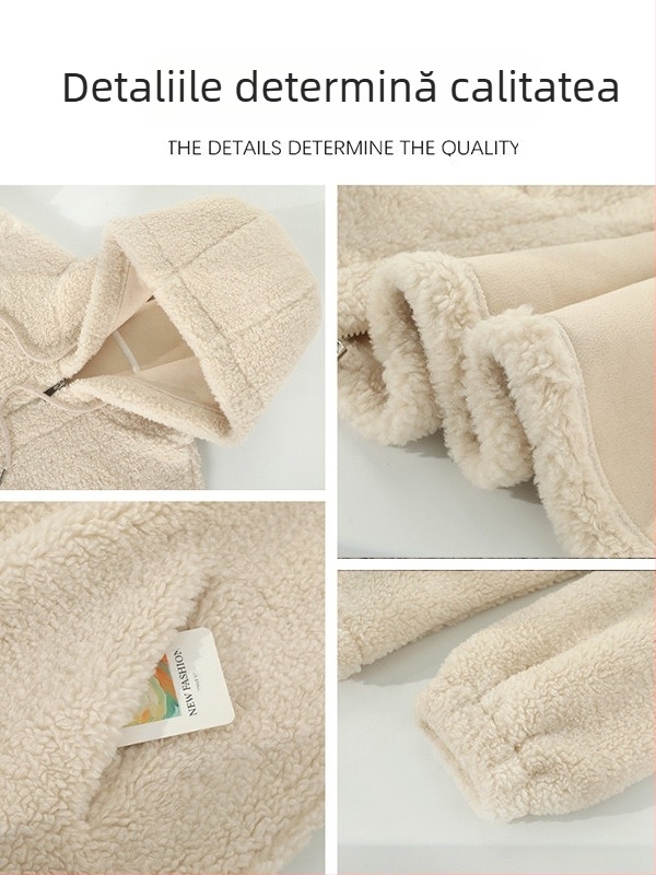 Jachetă matlasată cu blană de miel, cu glugă, croială lejeră, lungime medie, poliester