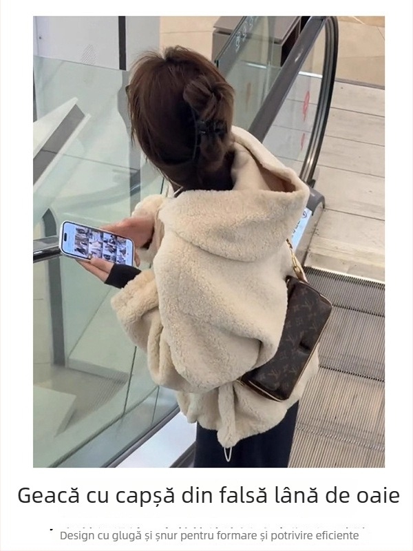 Jachetă matlasată cu blană de miel, cu glugă, croială lejeră, lungime medie, poliester