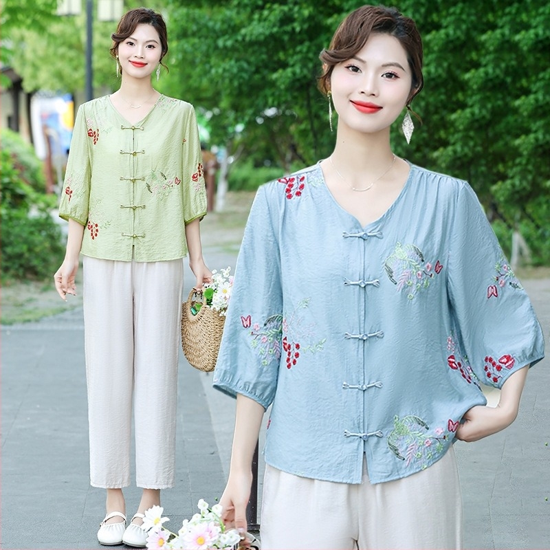 Bluza brodată din Tencel, mâneci scurte, vară 2025, Lyocell 50–70%, alt material <30%, stil urban și deplasare