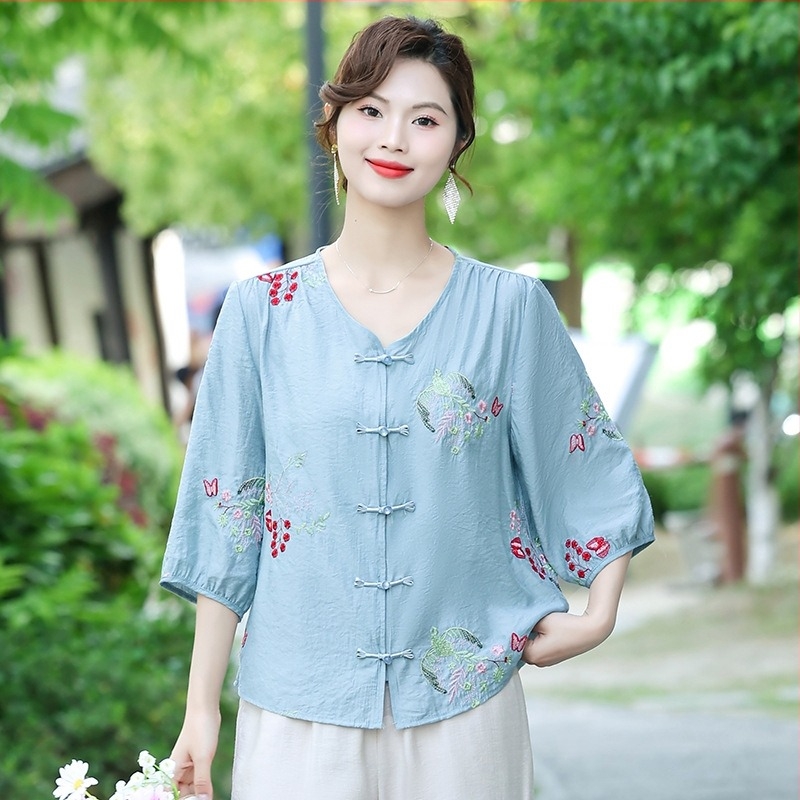 Bluza brodată din Tencel, mâneci scurte, vară 2025, Lyocell 50–70%, alt material <30%, stil urban și deplasare