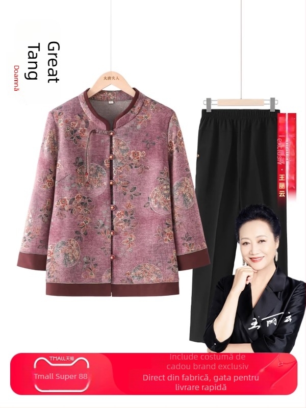 Set de cămașă și sacou de toamnă pentru femei în vârstă, stil Tang, imprimeu, mâneci lungi; material: poliester (>95%), viscoză (<30%), stil elegant, lansare toamnă 2025