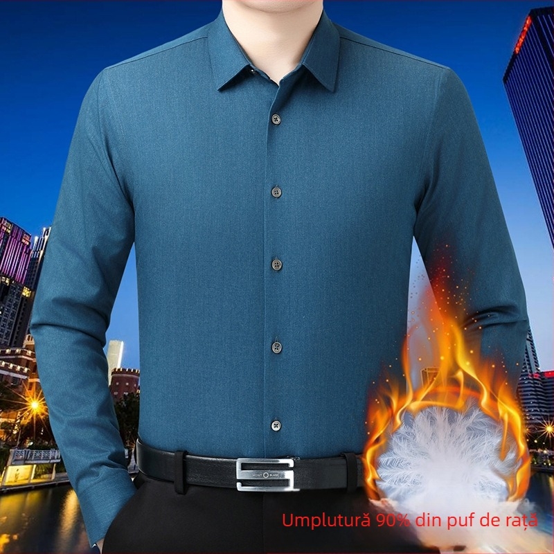 Cămașă din fibre de bambus, stil business casual cardigan, mâneci lungi, guler rever, îngroșat
