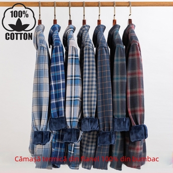 Cămașă de bărbați – 100% bumbac, căptușită cu fleece, model în carouri, mâneci lungi, croială lejeră