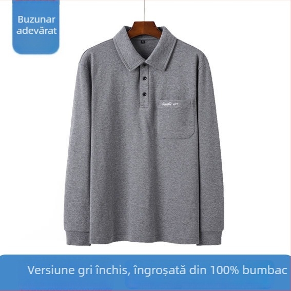 Tricou polo cu mâneci lungi, croială lejeră, bumbac pieptănat, unicolor