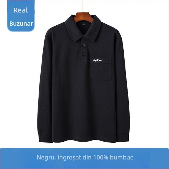 Tricou polo cu mâneci lungi, croială lejeră, bumbac pieptănat, unicolor