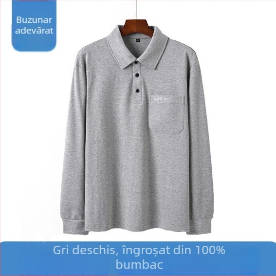 Tricou polo cu mâneci lungi, croială lejeră, bumbac pieptănat, unicolor