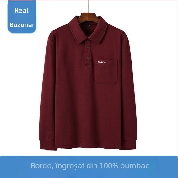 Tricou polo cu mâneci lungi, croială lejeră, bumbac pieptănat, unicolor