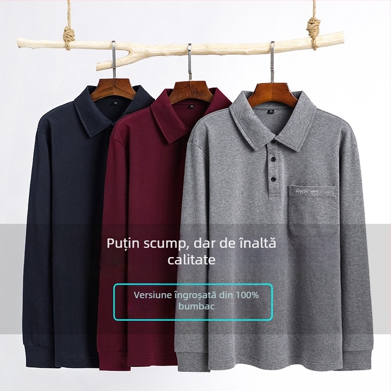 Tricou polo cu mâneci lungi, croială lejeră, bumbac pieptănat, unicolor