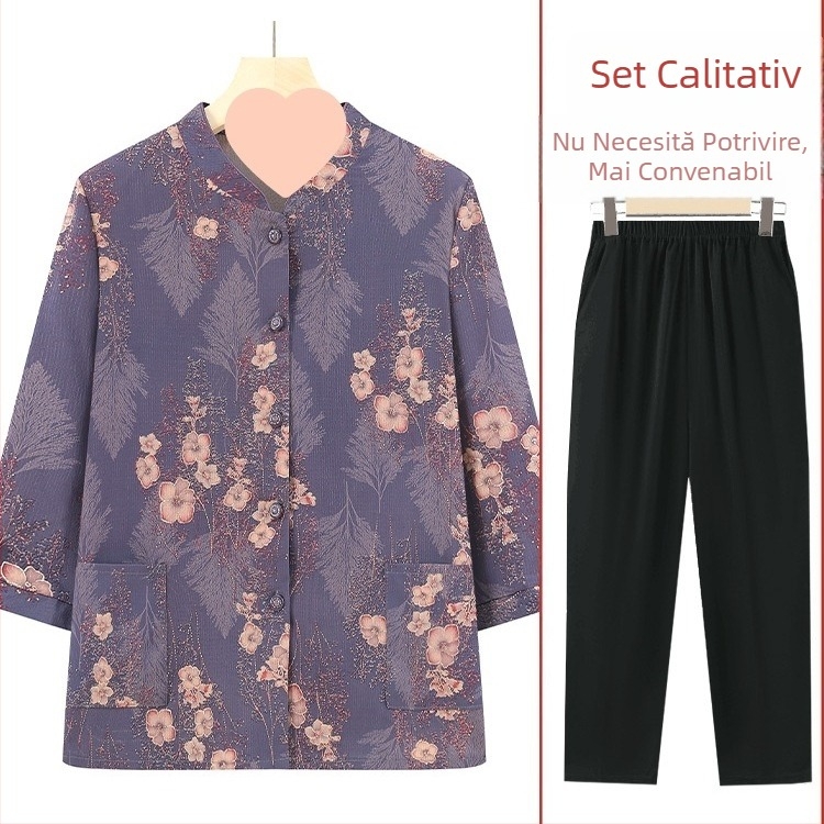 Set de vară pentru femei în vârstă: cămașă cu mâneci ¾, stil chinezesc