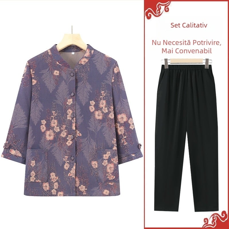Set de vară pentru femei în vârstă: cămașă cu mâneci ¾, stil chinezesc