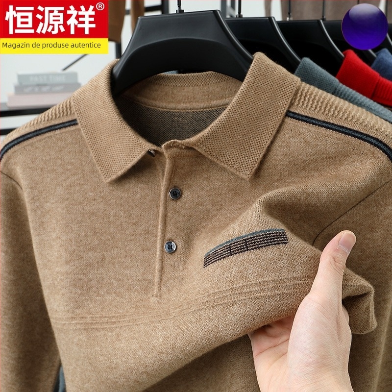 Pulover bărbătesc din lână fină, cu guler de cămașă, tricot gros, amestec de poliester, croială lejeră, mâneci lungi