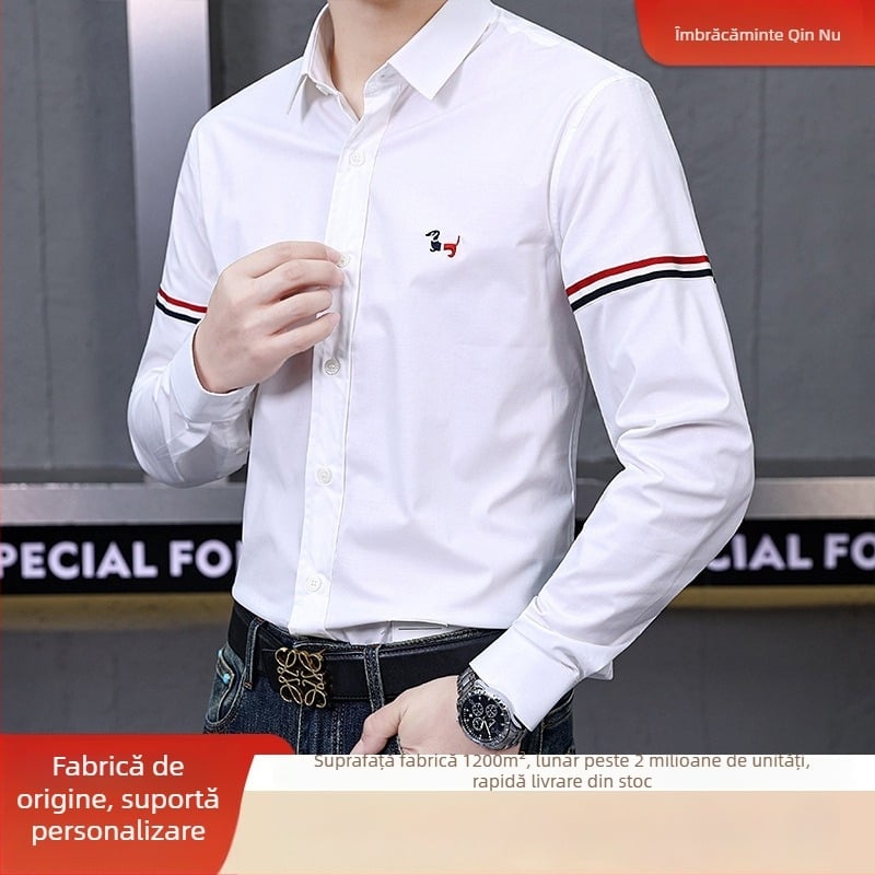 Cămașă pentru bărbați din amestec Tencel-pamuk, model cu dungi, guler tip lapel, mâneci lungi, croială relaxată
