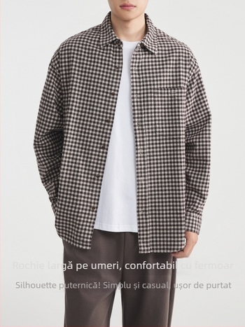 Cămașă bărbătească cu model grilă, din bumbac 100%, guler pătrat, mâneci lungi, finisaj periat