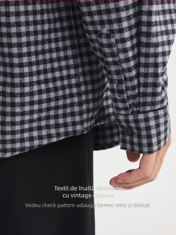 Cămașă bărbătească cu model grilă, din bumbac 100%, guler pătrat, mâneci lungi, finisaj periat