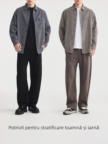 Cămașă bărbătească cu model grilă, din bumbac 100%, guler pătrat, mâneci lungi, finisaj periat