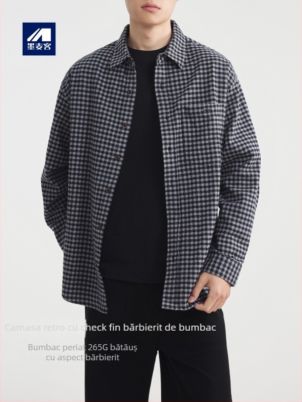 Cămașă bărbătească cu model grilă, din bumbac 100%, guler pătrat, mâneci lungi, finisaj periat