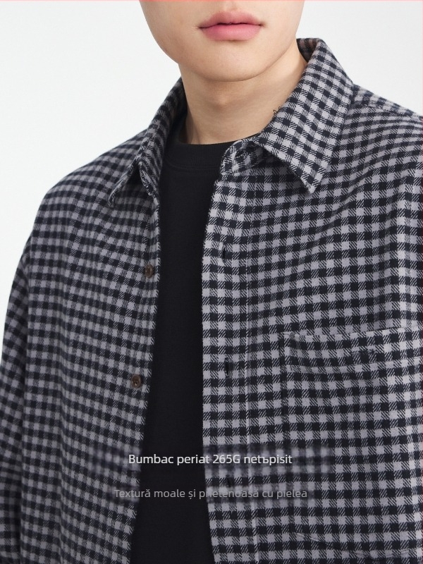 Cămașă bărbătească cu model grilă, din bumbac 100%, guler pătrat, mâneci lungi, finisaj periat