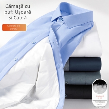 Cămașă masculină cu izolație din puf, căptușită cu fleece, țesătură modală, guler drept, mâneci lungi