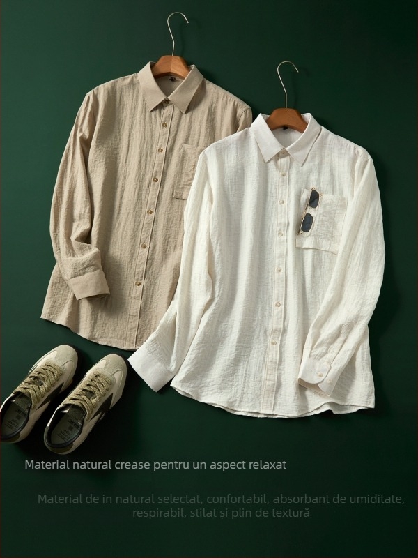 Cămașă din amestec de viscoză, nailon și in, cu textură naturală; mâneci lungi; croială mulată; guler ascusit; uni; buzunar decorativ (67% viscoză, 21% nailon, 12% in)