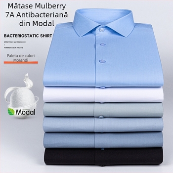 Cămașă de bărbați, amestec Modal + mătase de mulberry, guler pătrat, mâneci lungi, fără călcare