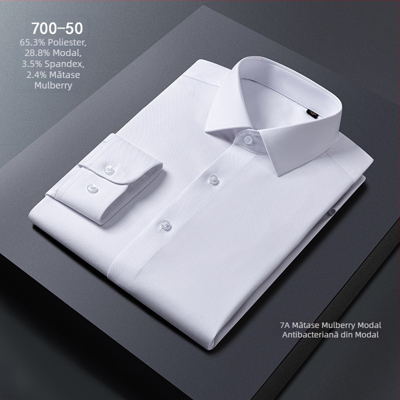 Cămașă de bărbați, amestec Modal + mătase de mulberry, guler pătrat, mâneci lungi, fără călcare