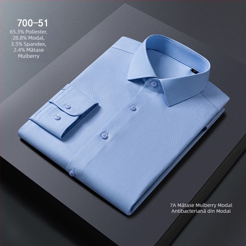 Cămașă de bărbați, amestec Modal + mătase de mulberry, guler pătrat, mâneci lungi, fără călcare