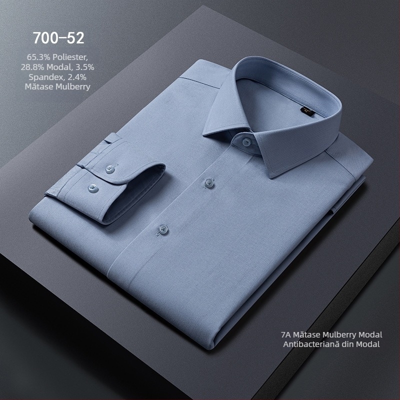 Cămașă de bărbați, amestec Modal + mătase de mulberry, guler pătrat, mâneci lungi, fără călcare