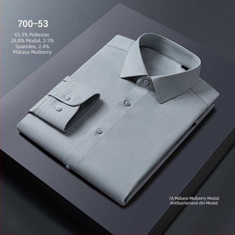 Cămașă de bărbați, amestec Modal + mătase de mulberry, guler pătrat, mâneci lungi, fără călcare