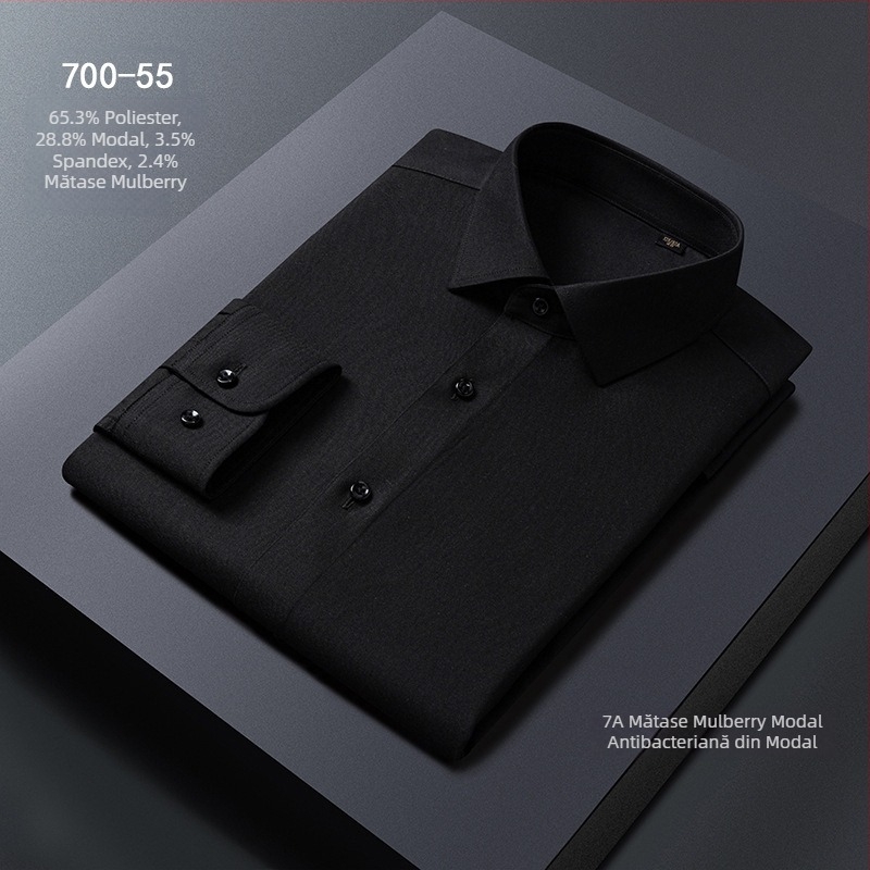 Cămașă de bărbați, amestec Modal + mătase de mulberry, guler pătrat, mâneci lungi, fără călcare