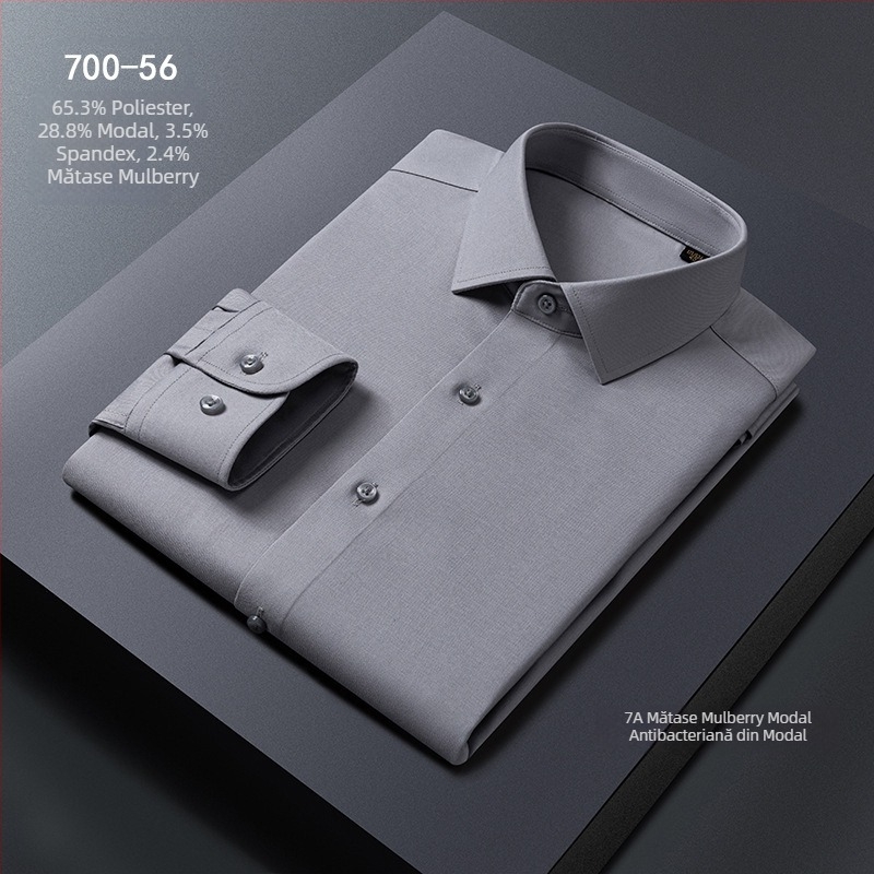 Cămașă de bărbați, amestec Modal + mătase de mulberry, guler pătrat, mâneci lungi, fără călcare