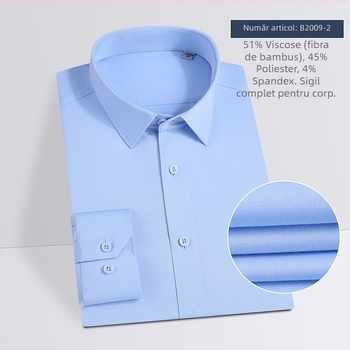 Cămașă din fibre de bambus, mâneci lungi, guler pătrat, absorbție a umezelii și fără nevoie de călcare