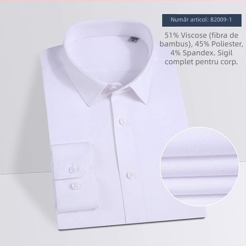 Cămașă din fibre de bambus, mâneci lungi, guler pătrat, absorbție a umezelii și fără nevoie de călcare