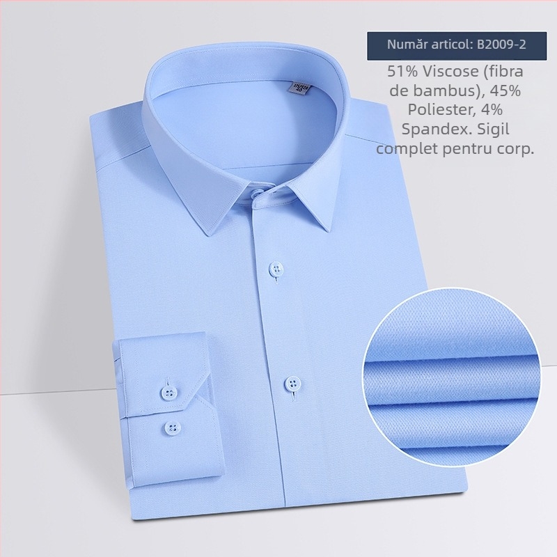 Cămașă din fibre de bambus, mâneci lungi, guler pătrat, absorbție a umezelii și fără nevoie de călcare