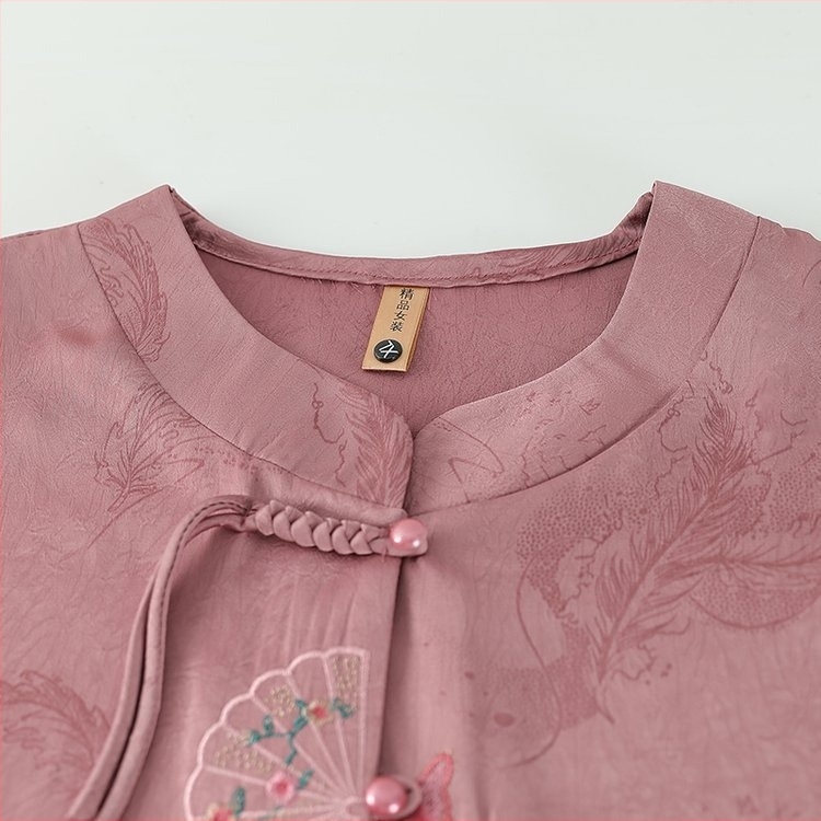 Bluza de vară cu mânecă scurtă, broderie – Stil etnic, amestec bumbac-poliester, pentru vârstnici, colecția vară 2025